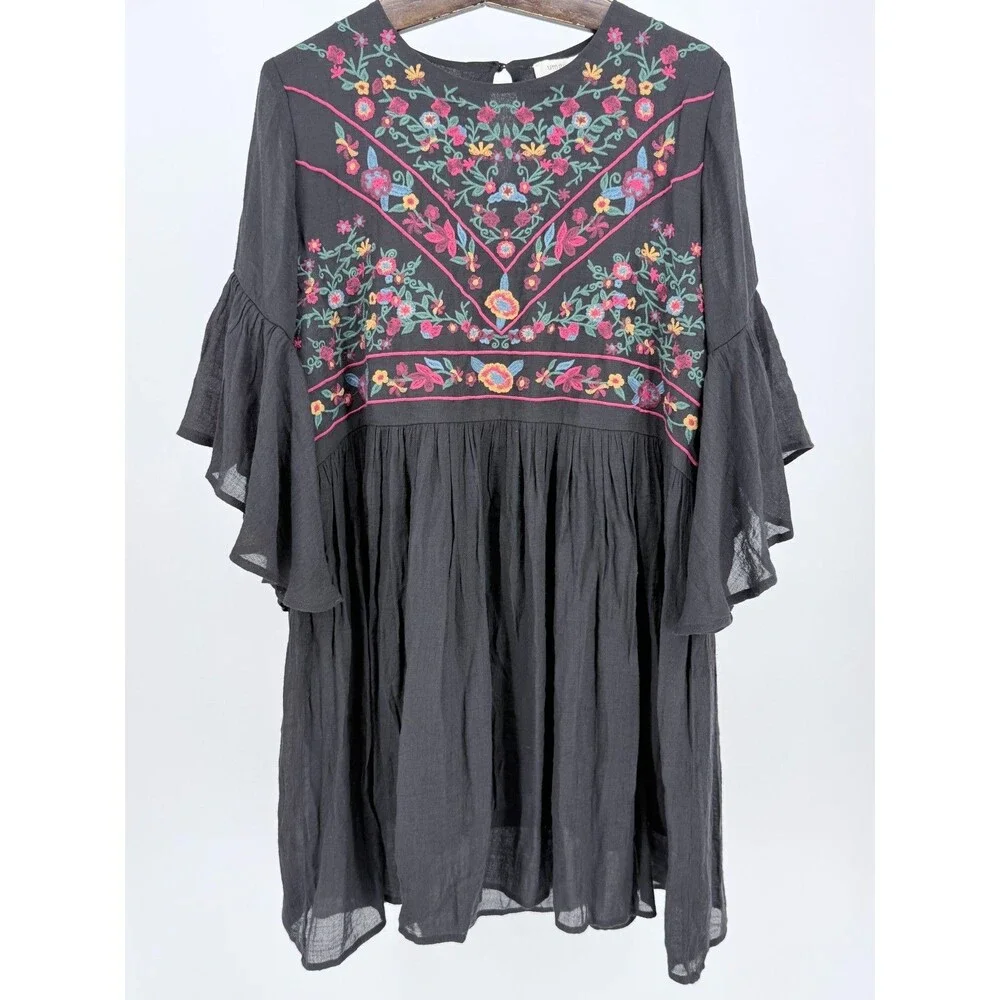 Boho Embroidered Babydoll Dress Black Cottagecore Flowy Fairy Style S - Picture 12 of 16